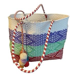 Jen & Co. Sylvia Large Woven Tote, Colorful w/Pompoms Attached, NWOT.